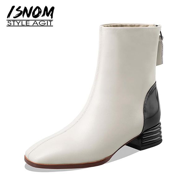 boots isnom ankle women's genuine leather square toe metal decoration block high heels winter warm faux short plush shoes, Black