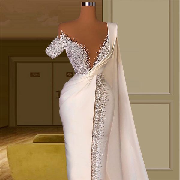 luxury pearls mermaid wedding dress with long wrap beads robe de mariée custom made ruched satin beach boho bridal gown, White
luxury pearls mermaid wedding dress with long wrap beads robe de mariée custom made ruched satin beach boho bridal gown, White