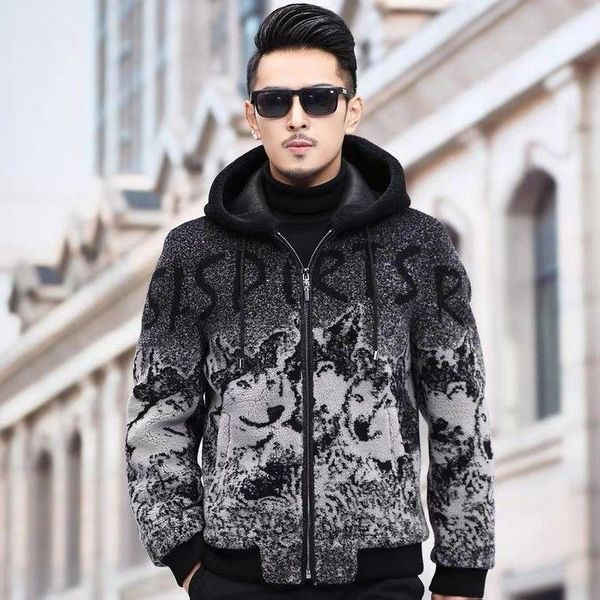 men's wool & blends coat grain lamb fur grass sheep shearing cashmere short haining winter hooded jacket, Black
men's wool & blends coat grain lamb fur grass sheep shearing cashmere short haining winter hooded jacket, Black