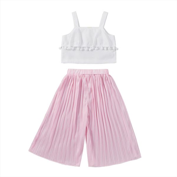 2pcs kid girls outfit sweet style solid color plush ball decoration sleeveless suspender ruched wide leg pants set, White
2pcs kid girls outfit sweet style solid color plush ball decoration sleeveless suspender ruched wide leg pants set, White