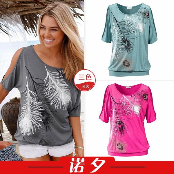 european and american feather print off shoulder round neck short sleeve t-shirt 1051 woman tshirts women's, White
european and american feather print off shoulder round neck short sleeve t-shirt 1051 woman tshirts women's, White