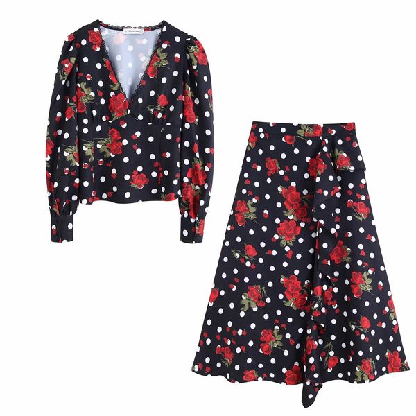 women polk dot floral printed blouses puff sleeve v neck-line red rose elegant female autumn black lace top, White
women polk dot floral printed blouses puff sleeve v neck-line red rose elegant female autumn black lace top, White