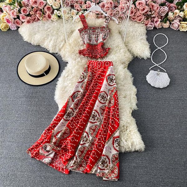women's two piece pants amolapha woman holiday straps vest+pleated skirts suit female lady retro printed long skirt sets, White
women's two piece pants amolapha woman holiday straps vest+pleated skirts suit female lady retro printed long skirt sets, White