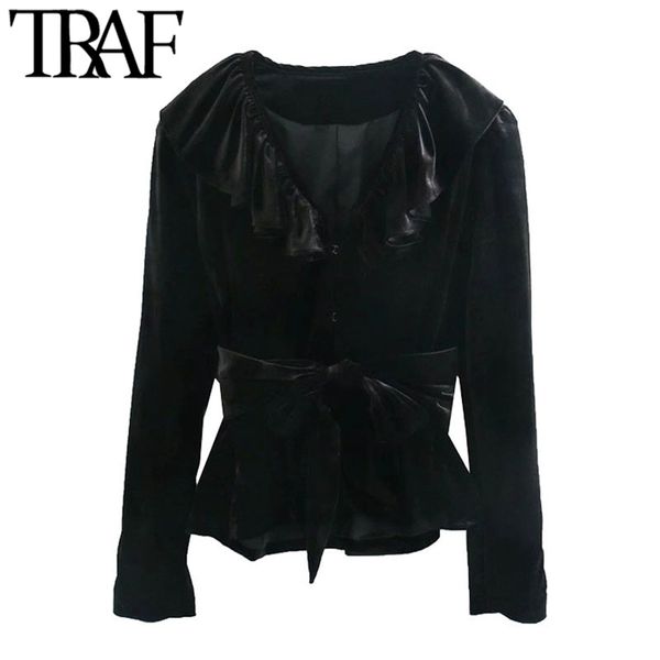 women fashion with belt ruffled velvet blazer coat vintage v neck long sleeve female outerwear chic 210507, Black
women fashion with belt ruffled velvet blazer coat vintage v neck long sleeve female outerwear chic 210507, Black