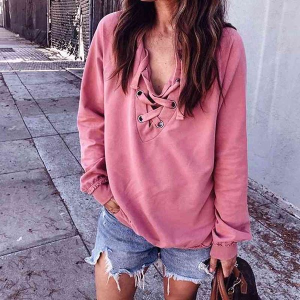 women pullover sweatshirt solid color fashion lace up v neck long sleeves loose blouse casual shirts, White
women pullover sweatshirt solid color fashion lace up v neck long sleeves loose blouse casual shirts, White