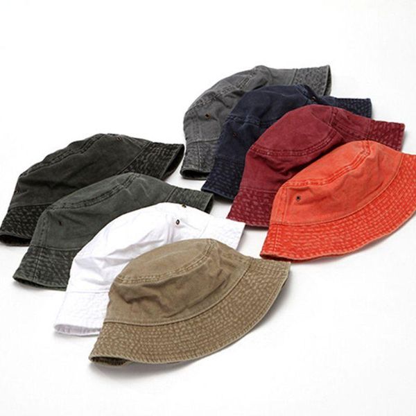 washed denim cotton bucket hat solid color sunscreen panama fisherman cap 28tf wide brim hats, Blue;gray