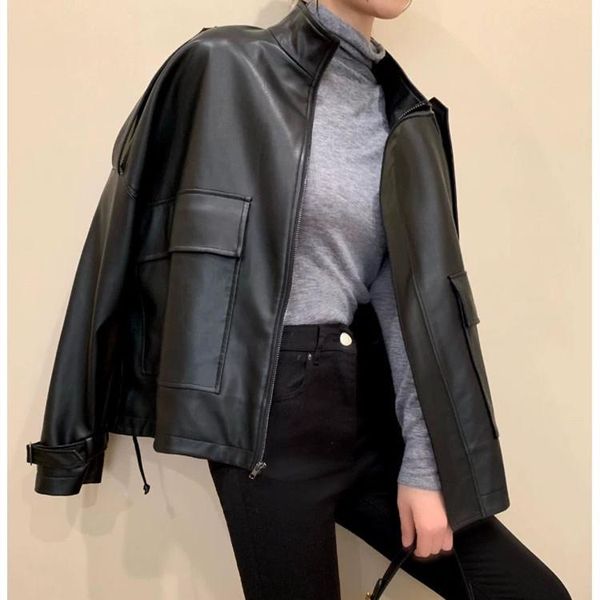 women's leather & faux locomotive served 2021 winter favors loose version of jacket handsome pu female, Black
women's leather & faux locomotive served 2021 winter favors loose version of jacket handsome pu female, Black