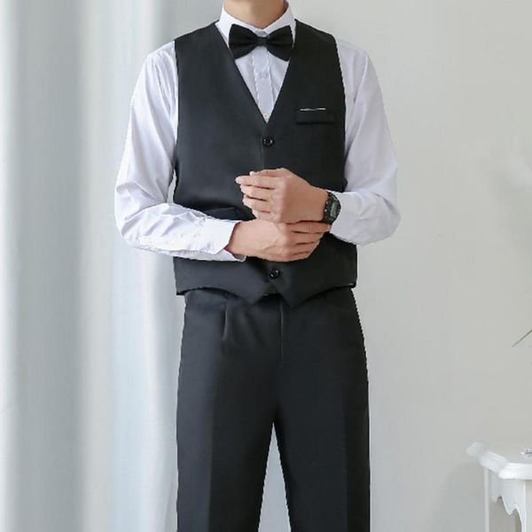men's suits & blazers business suit set v neck formal men solid color buttons vest shirt pants for wedding, White;black 
men's suits & blazers business suit set v neck formal men solid color buttons vest shirt pants for wedding, White;black