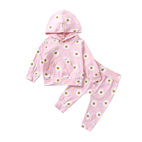 clothing sets girls casual two-piece clothes set floral printed pattern hooded pullover and elastic waist pants autumn outfits, White