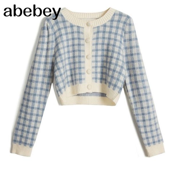 vintage plaid knitted cardigan korean short knit women coat autumn long sleeve o-neck sweet crop sweater 210715, White;black 
vintage plaid knitted cardigan korean short knit women coat autumn long sleeve o-neck sweet crop sweater 210715, White;black