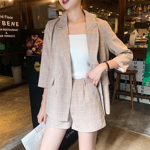 women two piece suits sets summer fashion korean elegant slim plaid blazer jacket high waist wide leg shorts outfits office lady women', Gray
women two piece suits sets summer fashion korean elegant slim plaid blazer jacket high waist wide leg shorts outfits office lady women', Gray