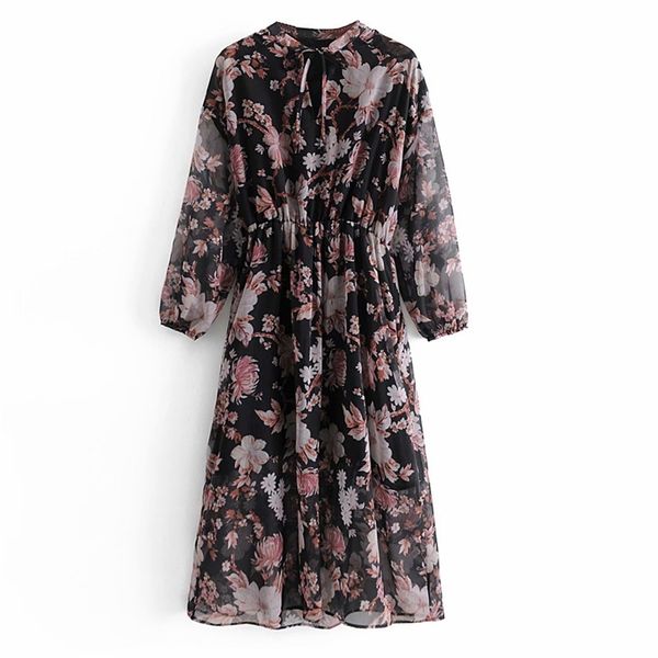 women summer vintage print dress long sleeve o-neck bow tie fashion street chiffon female elegant loose dresses vestidos 210513, Black;gray
women summer vintage print dress long sleeve o-neck bow tie fashion street chiffon female elegant loose dresses vestidos 210513, Black;gray