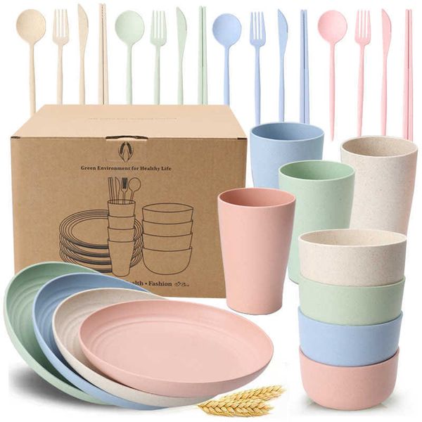 24 piece set of wheat straw tableware, household anti falling bowl, cup and plate set, printable gift
24 piece set of wheat straw tableware, household anti falling bowl, cup and plate set, printable gift