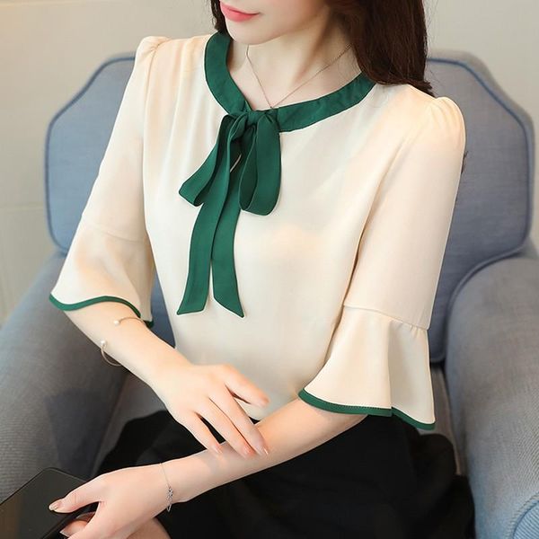 women's blouses & shirts 2021 summer and bow patchwork office women short sleeve chiffon blouse plus size, White 
women's blouses & shirts 2021 summer and bow patchwork office women short sleeve chiffon blouse plus size, White