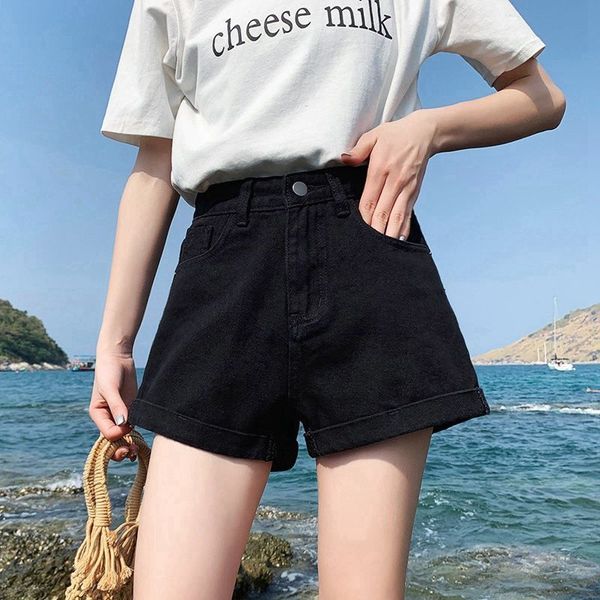 women's black denim shorts high waist hemmed 2021 summer new korean loose thin versatile wide leg pants, White;black
women's black denim shorts high waist hemmed 2021 summer new korean loose thin versatile wide leg pants, White;black