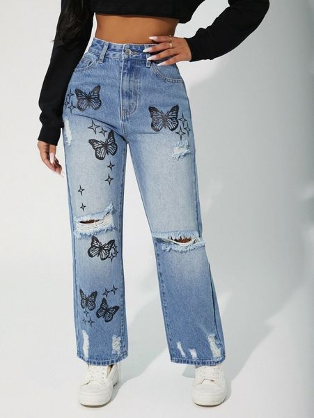 petite butterfly print ripped straight leg jeans l9qy#, Blue 
petite butterfly print ripped straight leg jeans l9qy#, Blue