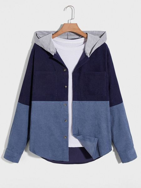 men cut and sew hooded corduroy shirt without s0zp#, White;black