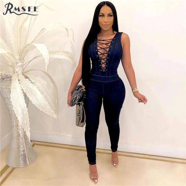 women's jumpsuits & rompers rmsfe 2021 european and american sleeveless corns bandage slim denim jumpsuit, Black;white