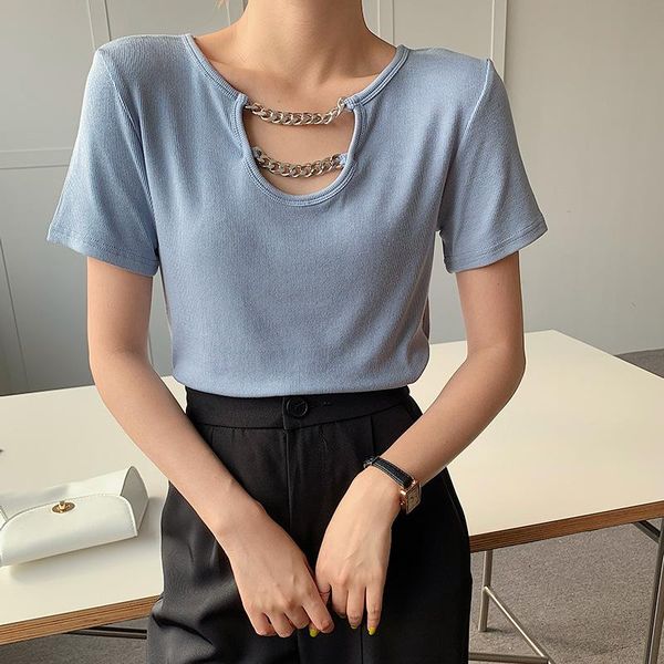 women's t-shirt summer fashion chain hollow clothing women o neck spatching basic harajuku, White 
women's t-shirt summer fashion chain hollow clothing women o neck spatching basic harajuku, White