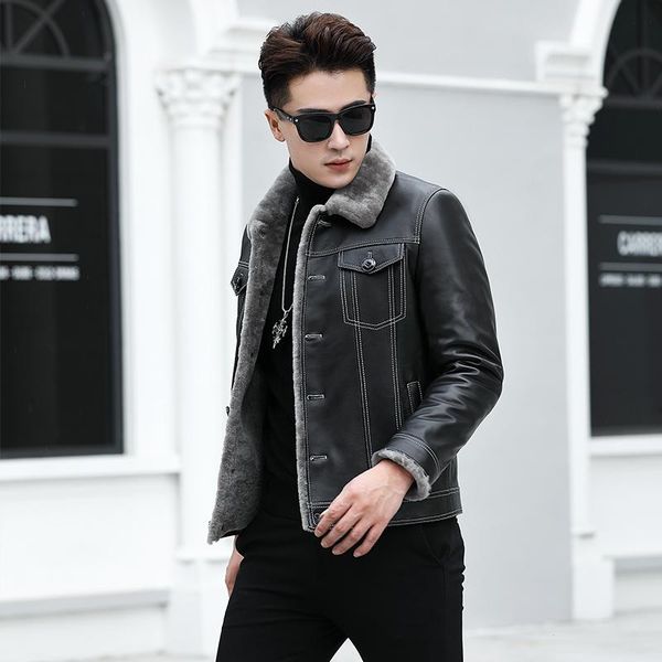 men's leather & faux winter genuine jacket real lamb fur sheepskin coat for men short thick male wool casual jackets kj848, Black
men's leather & faux winter genuine jacket real lamb fur sheepskin coat for men short thick male wool casual jackets kj848, Black