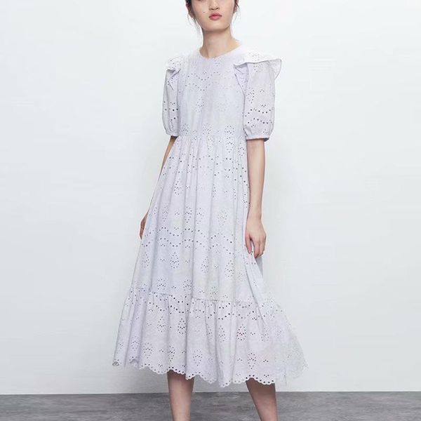 casual dresses summer design hollow out cotton dress lantern sleeve ruffles midi embroidered elegant party vacation, Black;gray 
casual dresses summer design hollow out cotton dress lantern sleeve ruffles midi embroidered elegant party vacation, Black;gray
