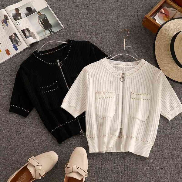 hollow out knitted women's crop summer zipper short-sleeved cardigan sweater gold line trim thin wild blouse 210525, White
hollow out knitted women's crop summer zipper short-sleeved cardigan sweater gold line trim thin wild blouse 210525, White