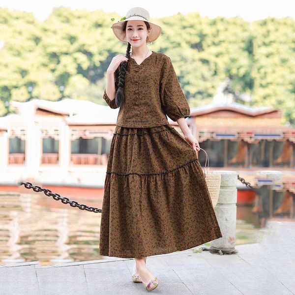 and skirt casual cotton linen print three quarter sleeve loose large size suit spring summer retro style two piece dress, White
and skirt casual cotton linen print three quarter sleeve loose large size suit spring summer retro style two piece dress, White