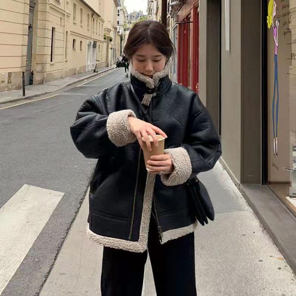 women's leather & faux korean style winter warm pu jackets lamb woolen coats 2021 harajuku casual zipper jacket female, Black
women's leather & faux korean style winter warm pu jackets lamb woolen coats 2021 harajuku casual zipper jacket female, Black