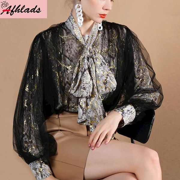 women's blouses & shirts spring and autumn personality design mesh stitching shirt lantern long sleeves bow lace-up bottoming for women, White
women's blouses & shirts spring and autumn personality design mesh stitching shirt lantern long sleeves bow lace-up bottoming for women, White