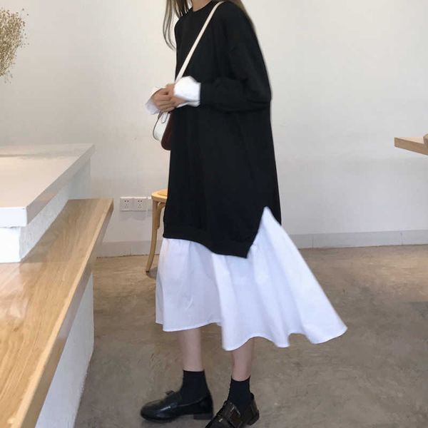 autumn and winter women dress cotton casual korean style wild ladies long-sleeved fake two pieces clothing 210615, Black;gray 
autumn and winter women dress cotton casual korean style wild ladies long-sleeved fake two pieces clothing 210615, Black;gray