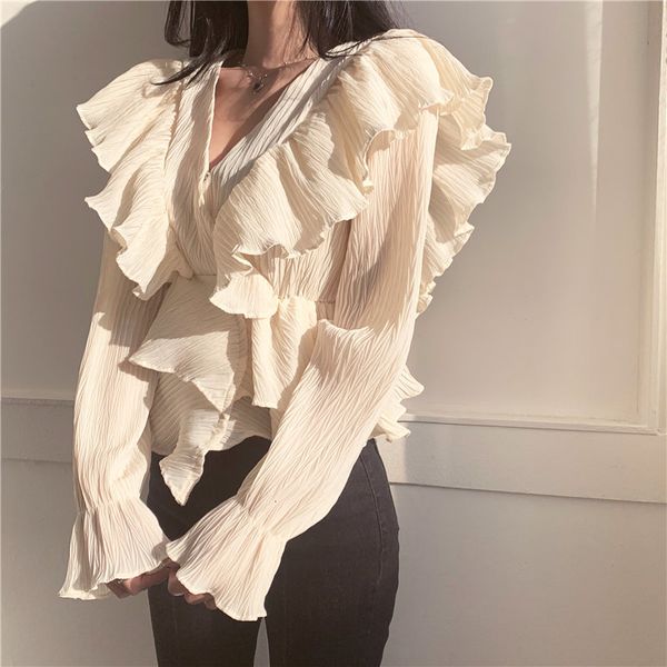 blouses korean chic gentle slim women v-neck pleated shirts ruffles patchwork high waist fashion flare sleeves blouses, White
blouses korean chic gentle slim women v-neck pleated shirts ruffles patchwork high waist fashion flare sleeves blouses, White