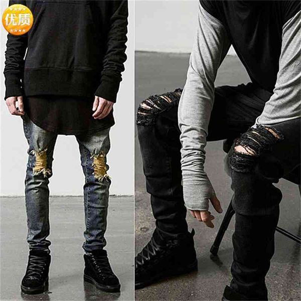 fashion jeans gaojiechao brand knee damage pure black wash make old slim little foot elastic men, Blue
fashion jeans gaojiechao brand knee damage pure black wash make old slim little foot elastic men, Blue