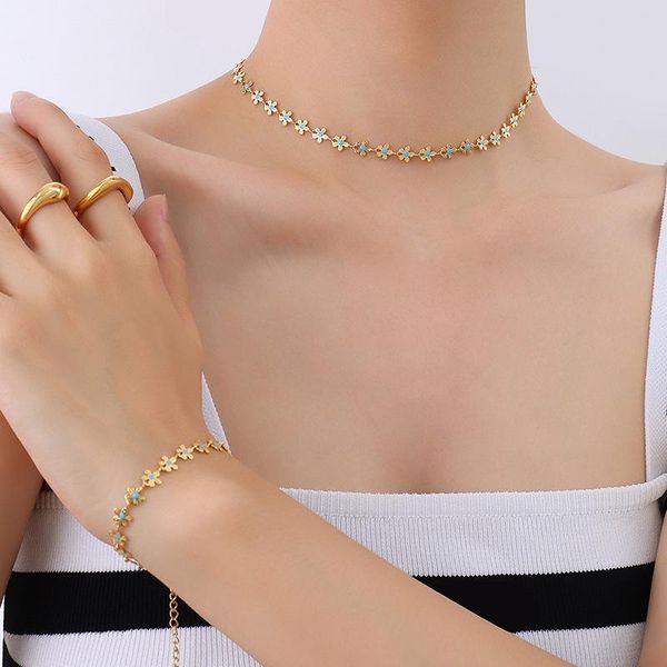 earrings & necklace cute blue enamel flower choker bracelet sets for women accessories, trend gold color stainless steel jewelry set female, Silver
earrings & necklace cute blue enamel flower choker bracelet sets for women accessories, trend gold color stainless steel jewelry set female, Silver