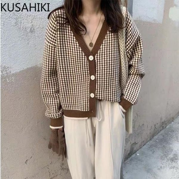 women's knits & tees kusahiki short plaid knitted cardigan causal long sleeve v-neck sweater coat 2021 autumn fashion woman knitwear ja, White
women's knits & tees kusahiki short plaid knitted cardigan causal long sleeve v-neck sweater coat 2021 autumn fashion woman knitwear ja, White