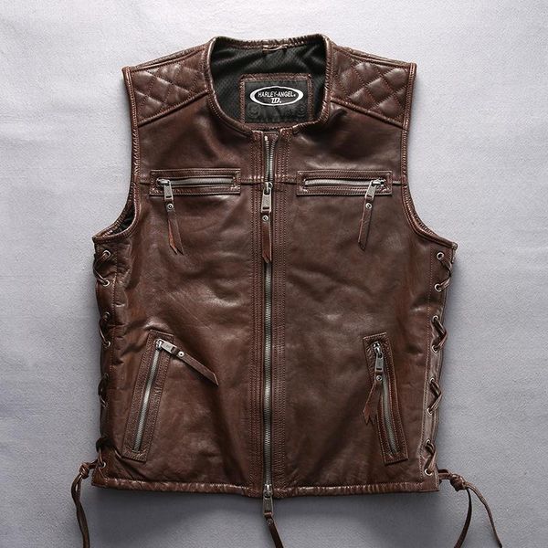 men's leather & faux o-neck genuine vest with letter embroidery brand sleeveless motorcycle jacket men biker male, Black
men's leather & faux o-neck genuine vest with letter embroidery brand sleeveless motorcycle jacket men biker male, Black