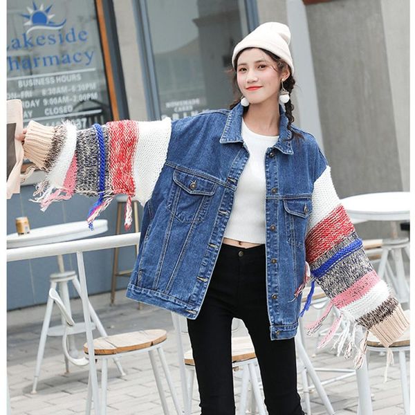 spring autumn korean stitching color knitted sleeve women jacket loose sweater sleeves denim jackets female coat women's, Black;brown
spring autumn korean stitching color knitted sleeve women jacket loose sweater sleeves denim jackets female coat women's, Black;brown