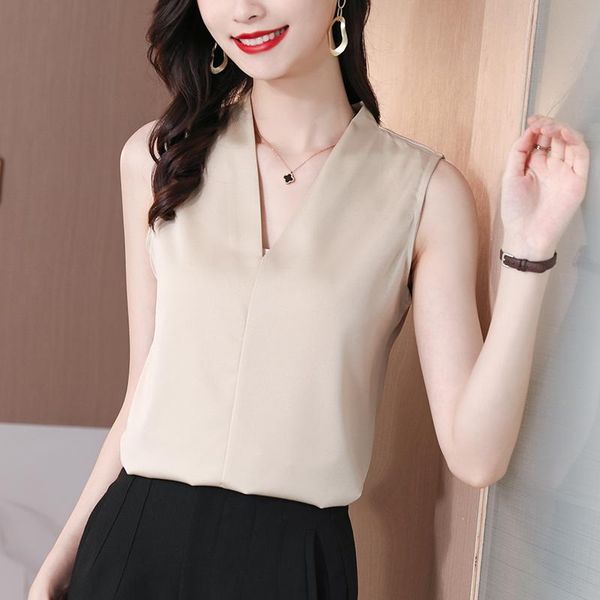 women's blouses & shirts 2021 summer satin v-neck elegant basic blouse ladies sleeveless solid color top, White
women's blouses & shirts 2021 summer satin v-neck elegant basic blouse ladies sleeveless solid color top, White