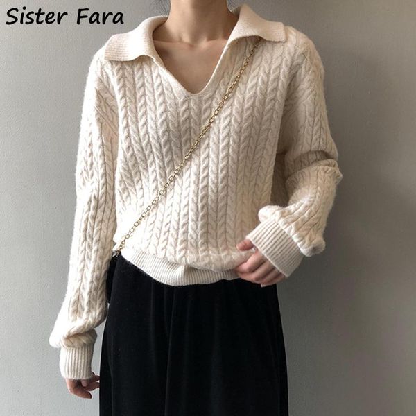 women's sweaters sister fara 2021 autumn winter turn-down collar pullover sweater solid warm female loose casual knitting, White;black
women's sweaters sister fara 2021 autumn winter turn-down collar pullover sweater solid warm female loose casual knitting, White;black