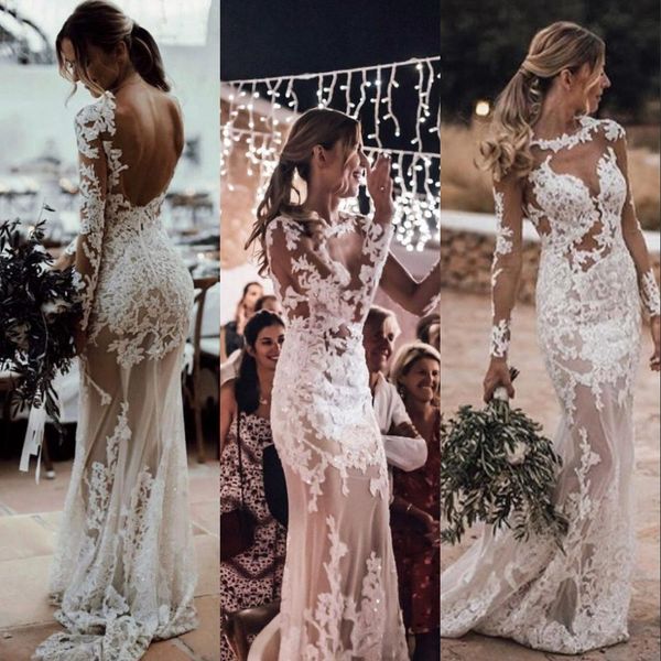 2021 sheer bohemian mermaid wedding dresses jewel neck illusion long sleeves sheath lace appliqued crystal beads backless beach boho bridal, White
2021 sheer bohemian mermaid wedding dresses jewel neck illusion long sleeves sheath lace appliqued crystal beads backless beach boho bridal, White