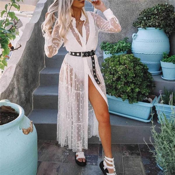 women's swimwear fashion perspective lapel button long sleeve dot mesh summer holiday beach bikini cover up, White;black
women's swimwear fashion perspective lapel button long sleeve dot mesh summer holiday beach bikini cover up, White;black