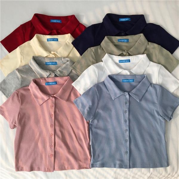 women's t-shirt 8 colors 2021 summer crop preppy style solid short sleeve cropped collar tee women, White
women's t-shirt 8 colors 2021 summer crop preppy style solid short sleeve cropped collar tee women, White