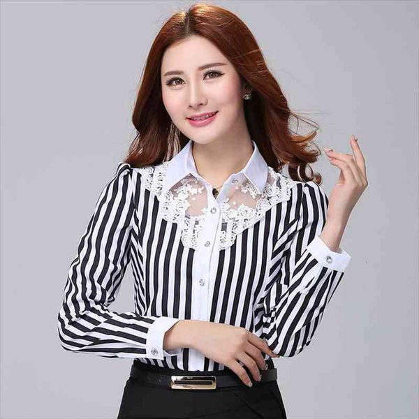 women striped shirts lace hollow out office lady blouse long sleeve large size slim bottoming female clothing, White
