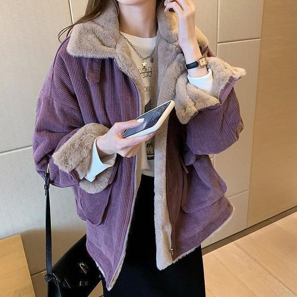 women's fur & faux 2021 winter korean loose wholesale zipper corduroy lamb wool thickened warm work clothes cotton jacket, Black
women's fur & faux 2021 winter korean loose wholesale zipper corduroy lamb wool thickened warm work clothes cotton jacket, Black