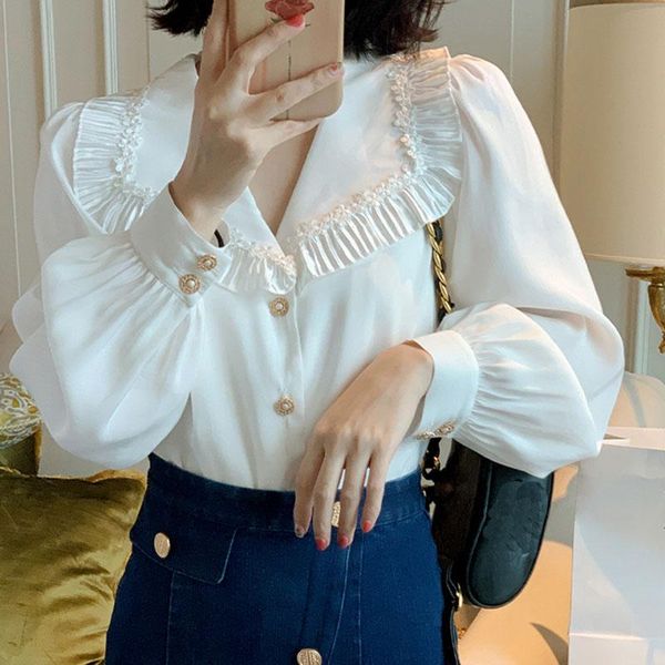 women's blouses & shirts elegant fashion women 2021 spring autumn vintage retro beading button up blouse lady shirring ruffled sailor c, White
women's blouses & shirts elegant fashion women 2021 spring autumn vintage retro beading button up blouse lady shirring ruffled sailor c, White