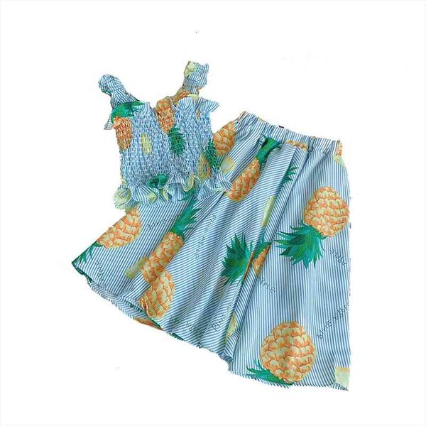 girls summer two piece set fresh pineapple print ruffles suspender and elastic a line midi skirt, White
girls summer two piece set fresh pineapple print ruffles suspender and elastic a line midi skirt, White