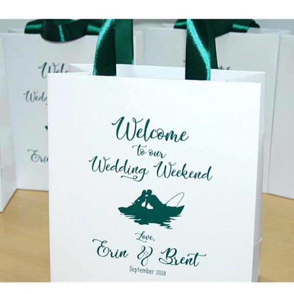 gift wrap personalized wedding weekend welcome bags with emerald green satin ribbon & your names, elegant lake favors for guests
gift wrap personalized wedding weekend welcome bags with emerald green satin ribbon & your names, elegant lake favors for guests