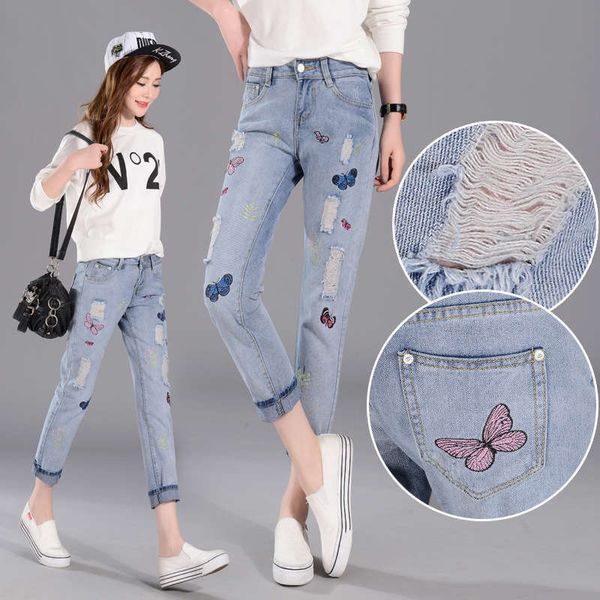 women's jeans embroidered spring summer slim high waisted small foot harem pants loose and broken hole capris 8one, Blue
women's jeans embroidered spring summer slim high waisted small foot harem pants loose and broken hole capris 8one, Blue