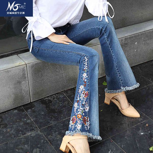 spring autumn women vintage chinese style floral embroidery high waist slim flare elastic denim distressed jeans y675, Blue
spring autumn women vintage chinese style floral embroidery high waist slim flare elastic denim distressed jeans y675, Blue