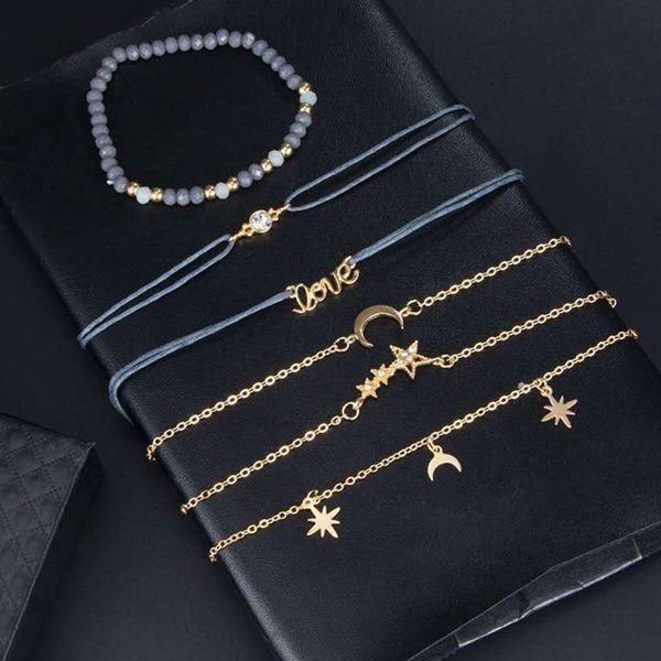 link, chain alloy material geometric five-pointed star moon letter imitation pearl zircon pendant braided bracelet beaded six-piece jewelry, Black
link, chain alloy material geometric five-pointed star moon letter imitation pearl zircon pendant braided bracelet beaded six-piece jewelry, Black