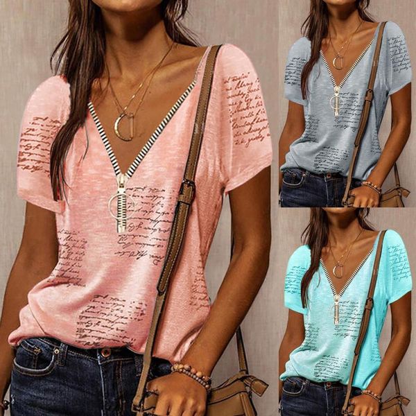 women's t-shirt 2021 spring and summer foreign trade v-neck print zipper short-sleeved 519#g, White
women's t-shirt 2021 spring and summer foreign trade v-neck print zipper short-sleeved 519#g, White